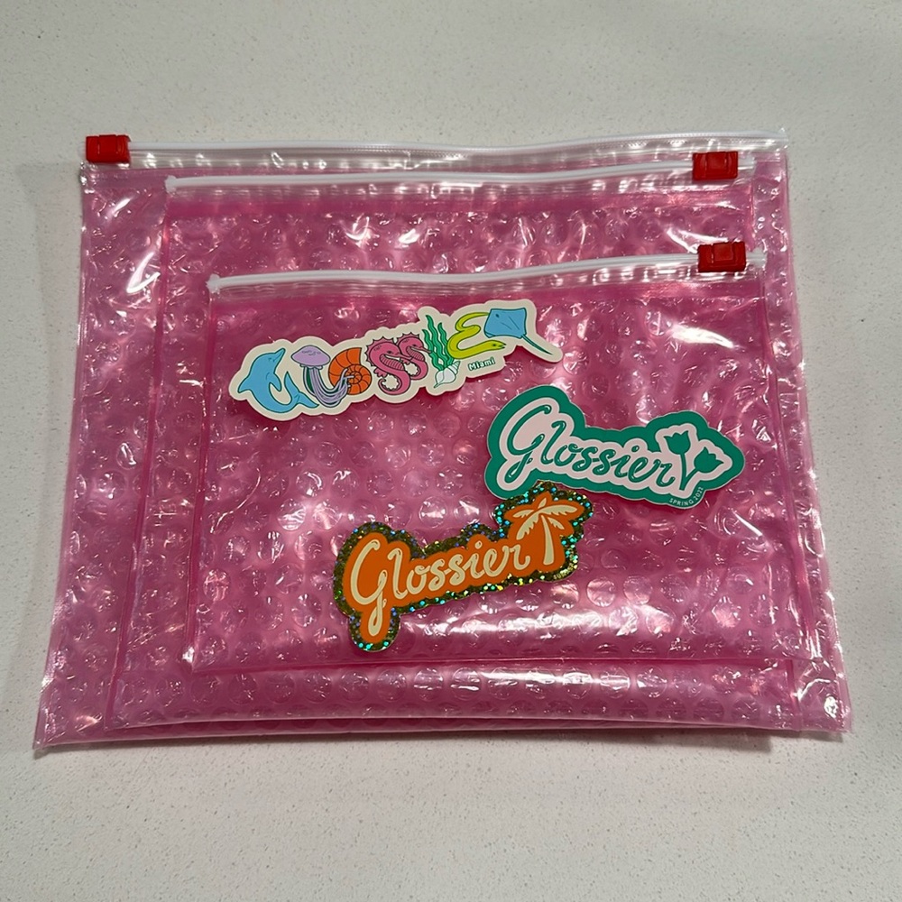 Glossier Pink Bubble Pouches & Stickers (Set of 3)